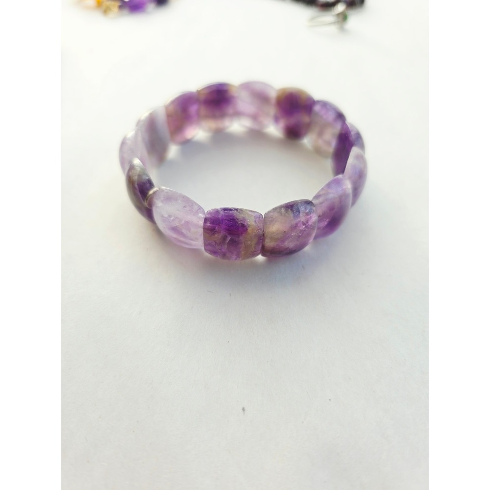 Natural Amethyst Chunky Polished Bead Stretch Bracelet 925 Sterling Silver Tag